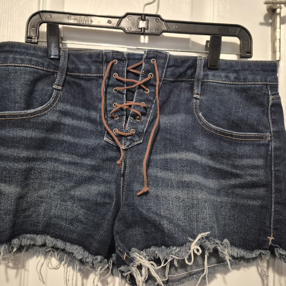 No Boundaries Dark Blue Lace-Up Frayed Hem Jean Shorts